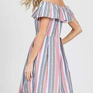 Pink White Blue Striped Off-Shoulder Dress with Pockets - Size Small